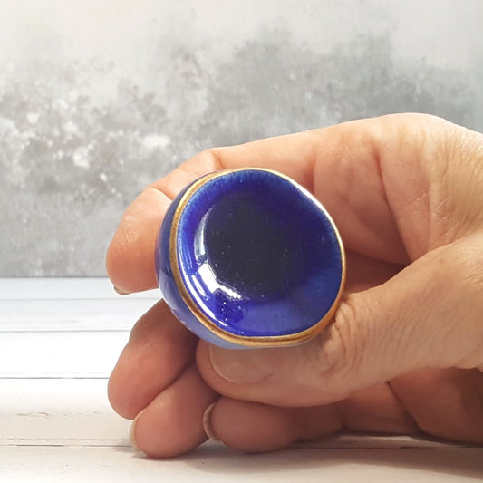 Deep Blue Ceramic Cupboard Knob with Gold Trim