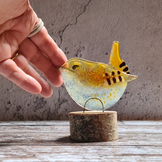 Fused Glass Wren Suncatcher on Log Slice